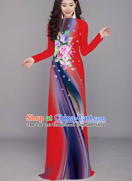 Vietnam Traditional Printing Flowers Red Aodai Cheongsam Asian Costume Vietnamese Bride Classical Qipao Dress for Women