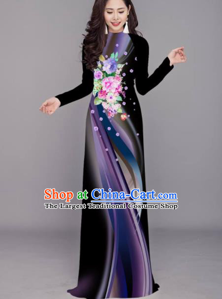 Vietnam Traditional Printing Flowers Black Aodai Cheongsam Asian Costume Vietnamese Bride Classical Qipao Dress for Women