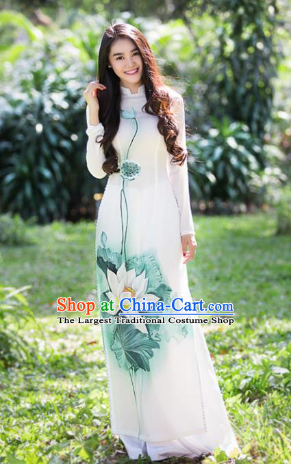 Vietnam Traditional Wedding Printing Lotus Aodai Cheongsam Asian Vietnamese Bride Classical Qipao Dress for Women