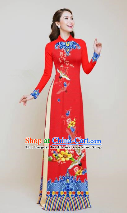 Vietnam Traditional Wedding Printing Flowers Cranes Red Aodai Cheongsam Asian Vietnamese Bride Classical Qipao Dress for Women