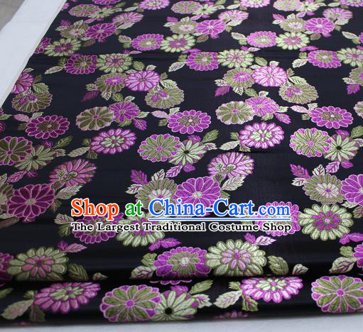 Asian Chinese Traditional Tang Suit Royal Chrysanthemum Pattern Black Brocade Satin Fabric Material Classical Silk Fabric