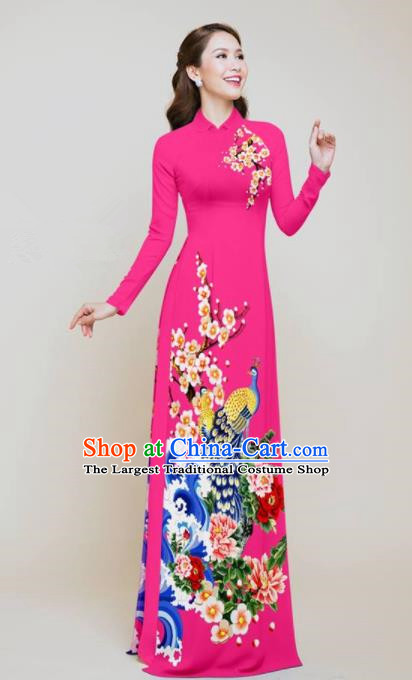 Vietnam Traditional Printing Peacock Peony Rosy Aodai Cheongsam Asian Vietnamese Bride Classical Qipao Dress for Women