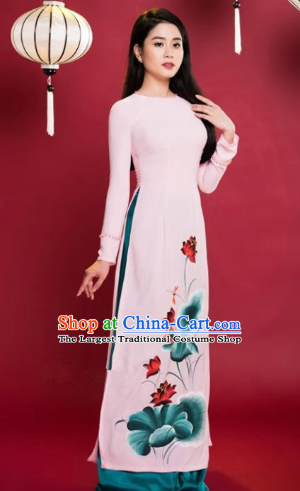 Vietnam Traditional Printing Lotus Pink Aodai Cheongsam Asian Vietnamese Bride Classical Qipao Dress for Women