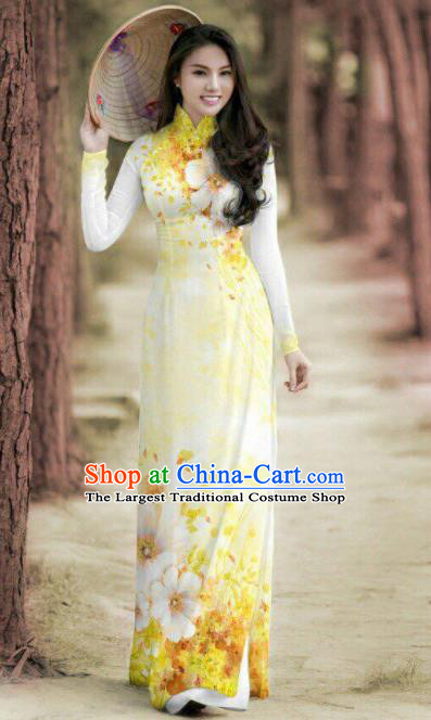 Vietnam Traditional Printing Yellow Ao Dai Dress Asian Vietnamese Bride Classical Cheongsam for Women