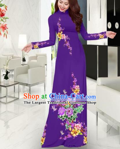 Vietnam Traditional Printing Plum Blossom Peony Purple Ao Dai Dress Asian Vietnamese Bride Classical Cheongsam for Women