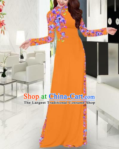 Vietnam Traditional Printing Orange Ao Dai Dress Asian Vietnamese Bride Classical Cheongsam for Women