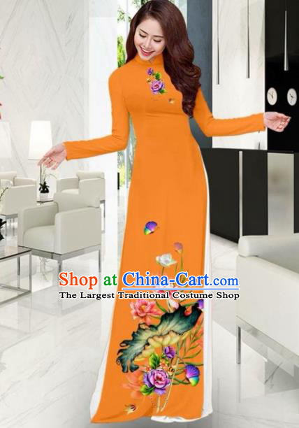 Vietnam National Costume Classical Printing Lotus Orange Ao Dai Dress Asian Traditional Vietnamese Cheongsam for Women