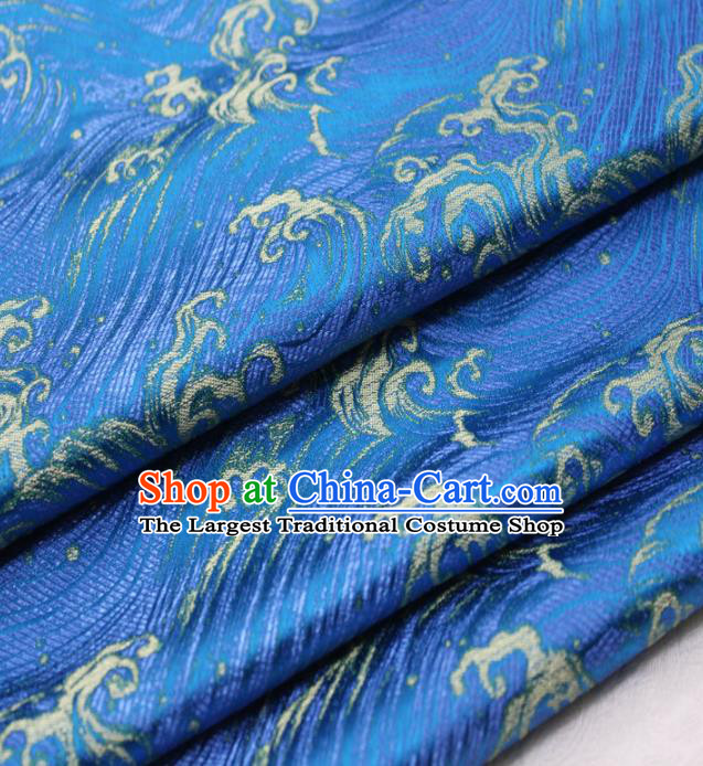 Asian Chinese Traditional Classical Waves Pattern Blue Brocade Tang Suit Satin Fabric Material Classical Silk Fabric