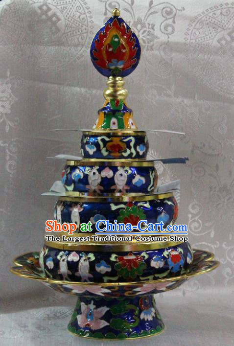 Chinese Traditional Buddhism Brass Cloisonne Blue Tray Feng Shui Items Vajrayana Buddhist Teaboard Decoration