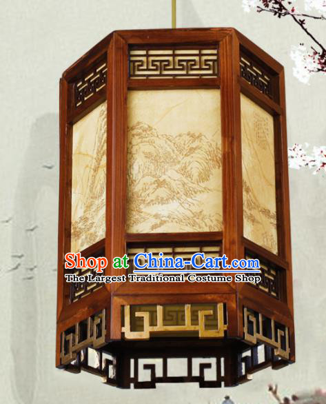 Chinese Traditional Printing Landscape Wood Palace Lantern Handmade New Year Hanging Lanterns Ceiling Lamp