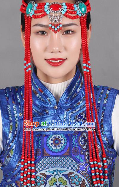 Chinese Mongolian Ethnic Tassel Hair Accessories Traditional Mongol Nationality Folk Dance Red Beads Headband for Kids