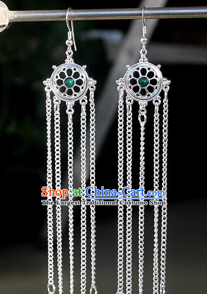 Chinese Mongolian Ethnic Green Bead Ear Accessories Traditional Mongol Nationality Folk Dance Earrings for Women