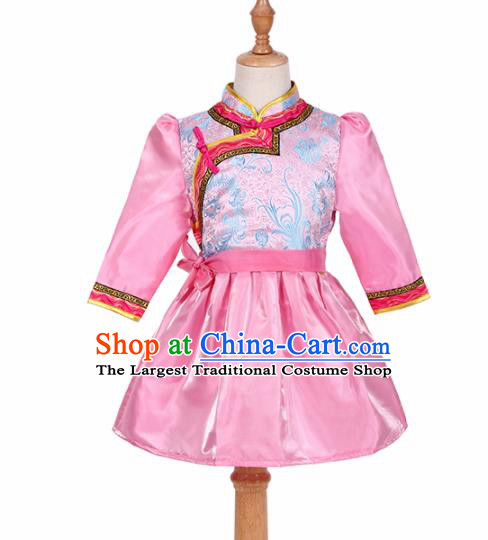 Chinese Ethnic Costume Pink Mongolian Dress Traditional Mongol Nationality Folk Dance Clothing for Kids