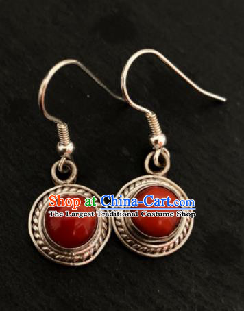 Traditional Chinese Mongol Nationality Sliver Ear Accessories Mongolian Ethnic Red Earrings for Women