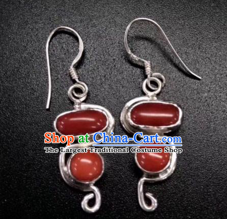 Traditional Chinese Mongol Nationality Ruby Ear Accessories Mongolian Ethnic Sliver Earrings for Women