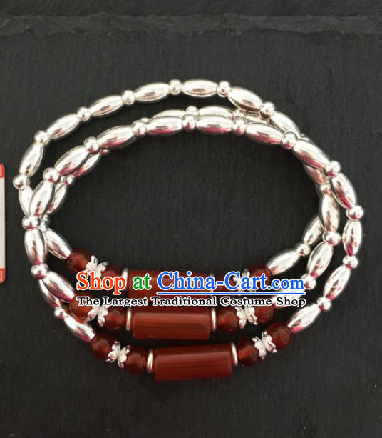 Chinese Traditional Mongol Nationality Agate Bracelet Mongolian Ethnic Sliver Bangle Accessories for Women