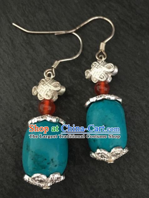 Chinese Mongol Nationality Calaite Earrings Traditional Mongolian Ethnic Ear Accessories for Women