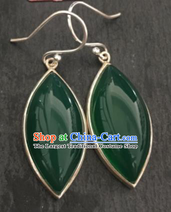 Chinese Mongol Nationality Green Chalcedony Ear Accessories Traditional Mongolian Ethnic Sliver Earrings for Women