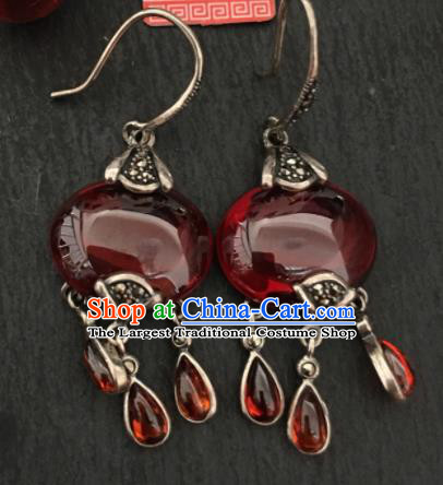 Chinese Mongol Nationality Garnet Earrings Traditional Mongolian Ethnic Garnet Ear Accessories for Women