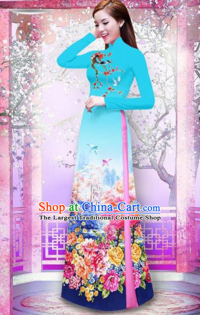 Vietnam Traditional National Printing Peony Blue Ao Dai Dress Asian Vietnamese Cheongsam for Women