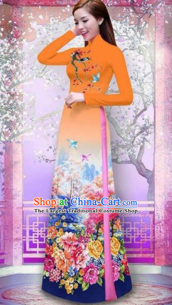 Vietnam Traditional National Printing Peony Orange Ao Dai Dress Asian Vietnamese Cheongsam for Women