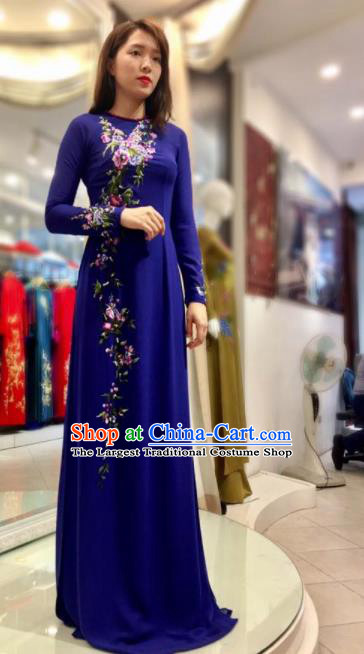 Vietnam Traditional National Wedding Deep Blue Ao Dai Dress Asian Vietnamese Cheongsam for Women