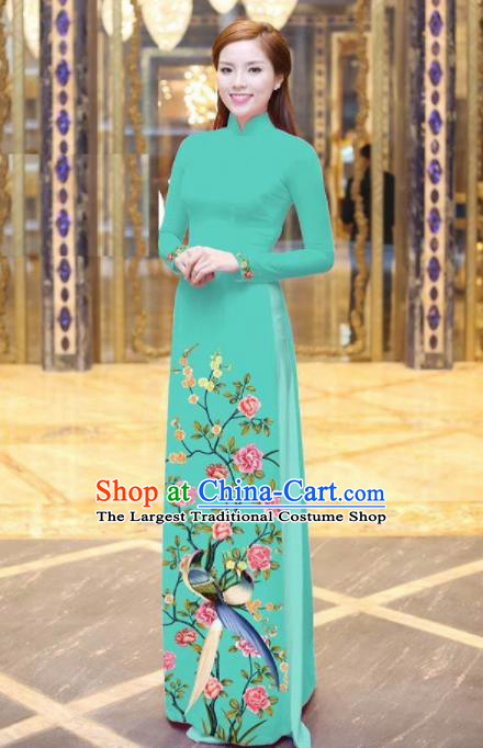 Vietnam Traditional National Printing Peony Birds Green Ao Dai Dress Asian Vietnamese Cheongsam for Women