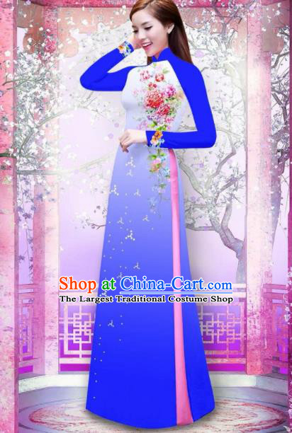 Vietnam Traditional National Printing Rose Flowers Royalblue Ao Dai Dress Asian Vietnamese Cheongsam for Women