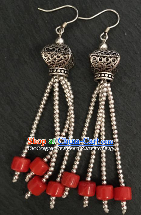 Chinese Traditional Mongol Nationality Red Earrings Mongolian Ethnic Sliver Ear Accessories for Women