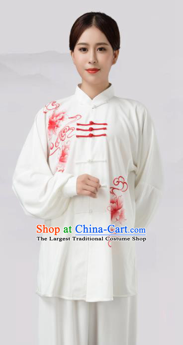 Traditional Chinese Martial Arts Competition Printing Red Peony Costume Tai Ji Kung Fu Training Clothing for Women