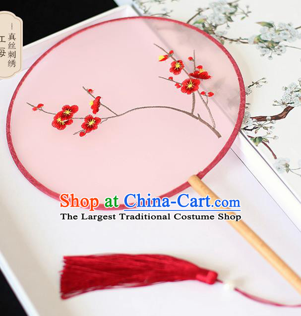 Chinese Traditional Embroidered Plum Blossom Pink Round Fans Classical Hanfu Palace Fans for Women