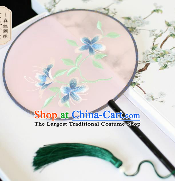 Chinese Traditional Embroidered Blue Flowers Silk Round Fans Classical Hanfu Palace Fans for Women