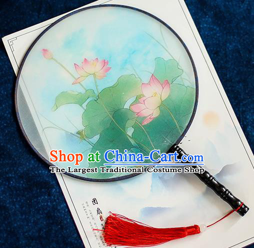 Chinese Traditional Printing Lotus Silk Round Fans Handmade Classical Palace Fans for Women