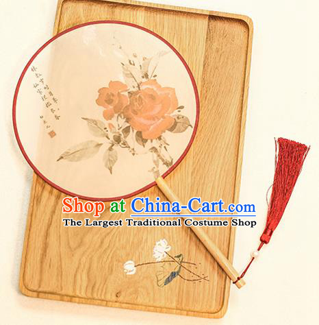 Chinese Traditional Printing Red Roses Dance Silk Round Fans Handmade Classical Palace Fans for Women