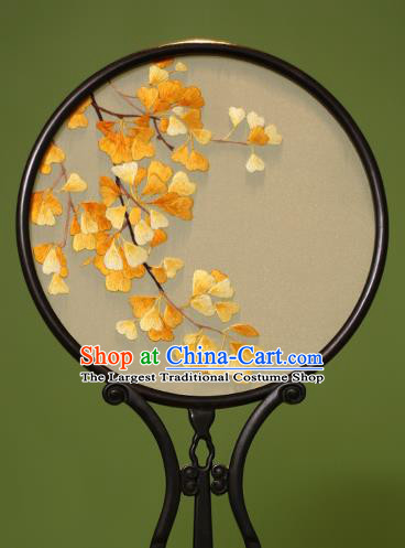 Chinese Traditional Handmade Embroidered Ginkgo Leaf Silk Round Fans Classical Palace Fans for Women