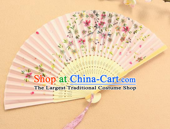 Chinese Traditional Folding Fans Classical Printing Flowers Pink Accordion Silk Fans for Women