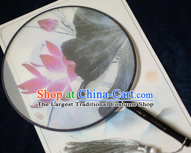 Chinese Traditional Printing Red Lotus Silk Round Fans Classical Hanfu Palace Fans for Women