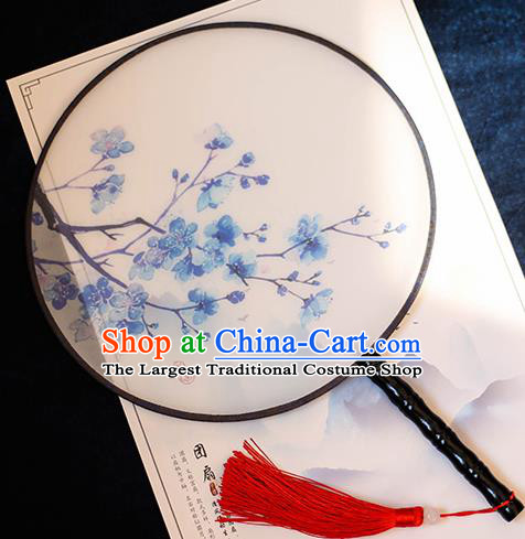 Chinese Traditional Printing Blue Plum Blossom Silk Round Fans Handmade Classical Palace Fans for Women