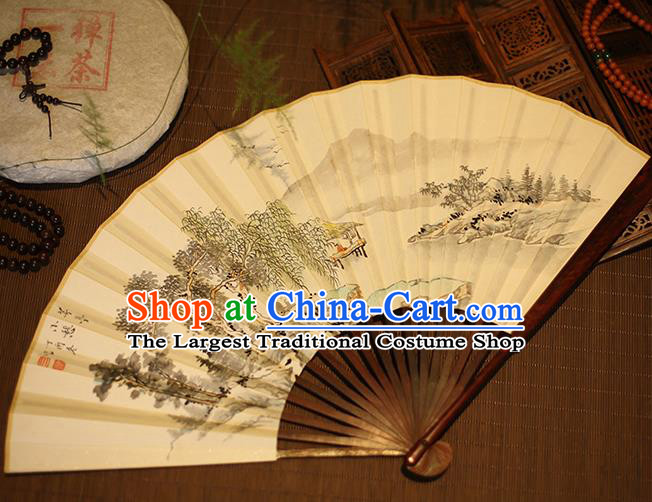 Chinese Traditional Handmade Printing Xuan Paper Fans Classical Rosewood Folding Fans for Men