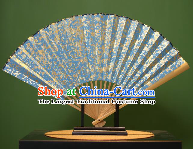 Chinese Traditional Handmade Sequins Blue Xuan Paper Fans Classical Folding Fans for Men