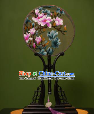 Handmade Chinese Traditional Double Side Silk Round Fan Classical Embroidered Magnolia Palace Fans for Women