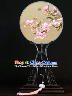 Handmade Chinese Double Side Silk Embroidered Pink Magnolia Round Fan Traditional Classical Palace Fans for Women