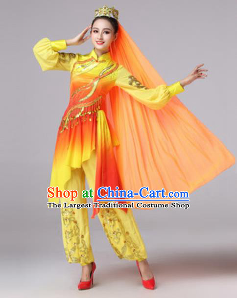 Chinese Traditional Ethnic Princess Costume Uyghur Nationality Folk Dance Yellow Clothing for Women