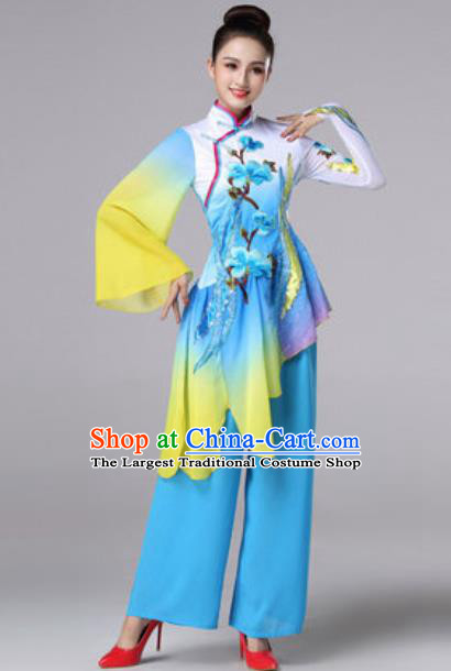 Chinese Traditional Umbrella Dance Costume Classical Dance Fan Dance Stage Performance Blue Dress for Women