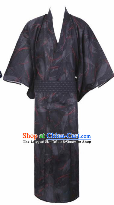 Japanese Traditional Samurai Printing Deep Grey Kimono Asian Japan Handmade Warrior Yukata Costume for Men