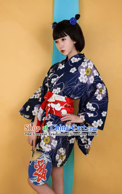 Japanese Traditional Handmade Printing Navy Kimono Dress Asian Japan Geisha Yukata Costume for Women