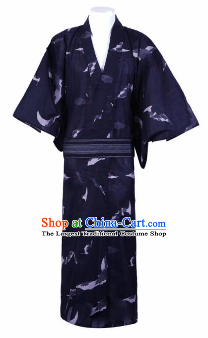 Japanese Traditional Samurai Printing Navy Blue Kimono Robe Asian Japan Handmade Warrior Yukata Costume for Men