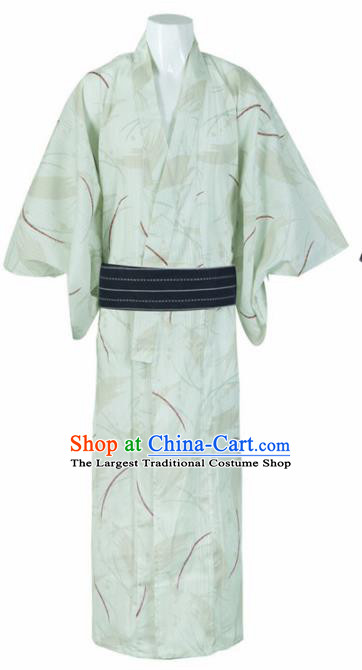 Japanese Traditional Samurai Printing Green Kimono Robe Asian Japan Handmade Warrior Yukata Costume for Men