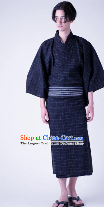 Traditional Japanese Samurai Navy Veil Kimono Robe Asian Japan Handmade Warrior Yukata Costume for Men