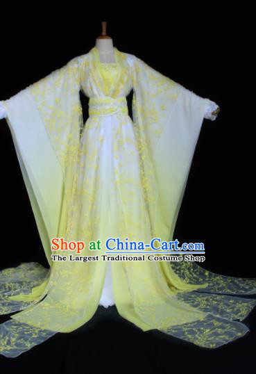 Chinese Traditional Cosplay Peri Costume Ancient Swordswoman Yellow Hanfu Dress for Women